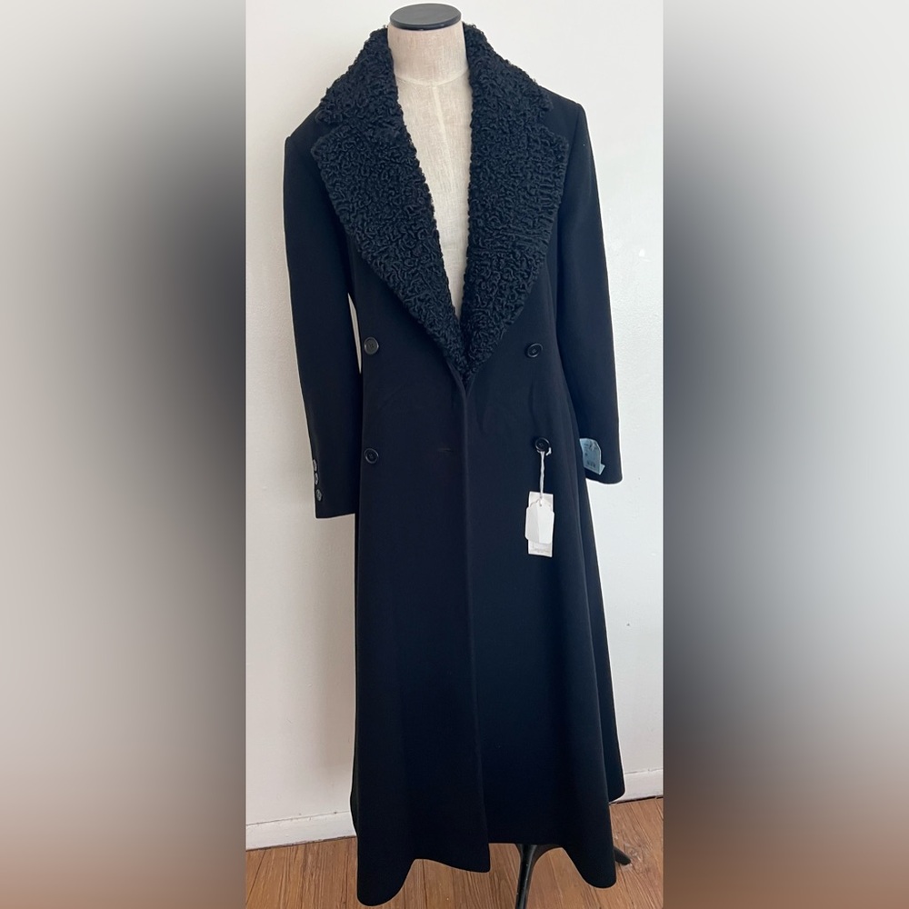 New Perry Ellis Vintage 1980’s Black Wool Swing Long Coat Persian Lamb Collar 6